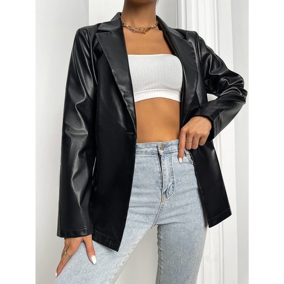Lapel Collar Single Button Vegan Leather Blazer jacket black - Picture 1 of 7